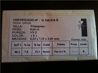 Talla TRIANGULAR - Peso 0,66 CT - Pureza - E - Color - VS2